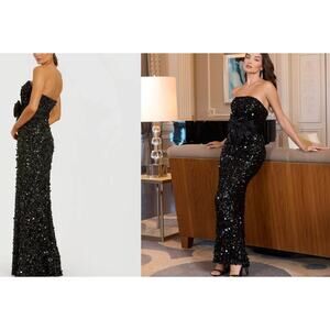 Ieena Mac Duggal Black Strapless Sequin Evening Gown With Bow Sz 4 NWT